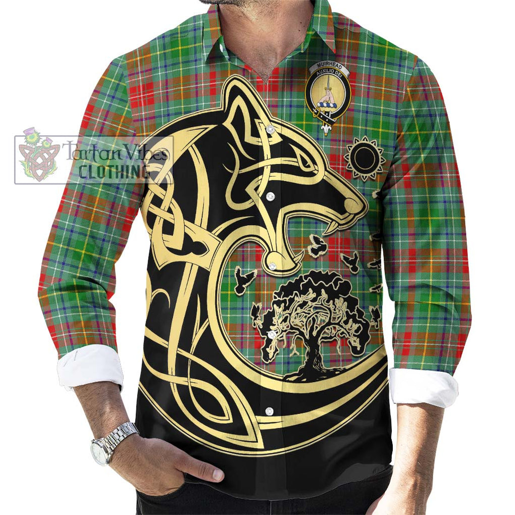 Muirhead Tartan Long Sleeve Button Shirt with Family Crest Celtic Wolf Style - Tartan Vibes Clothing