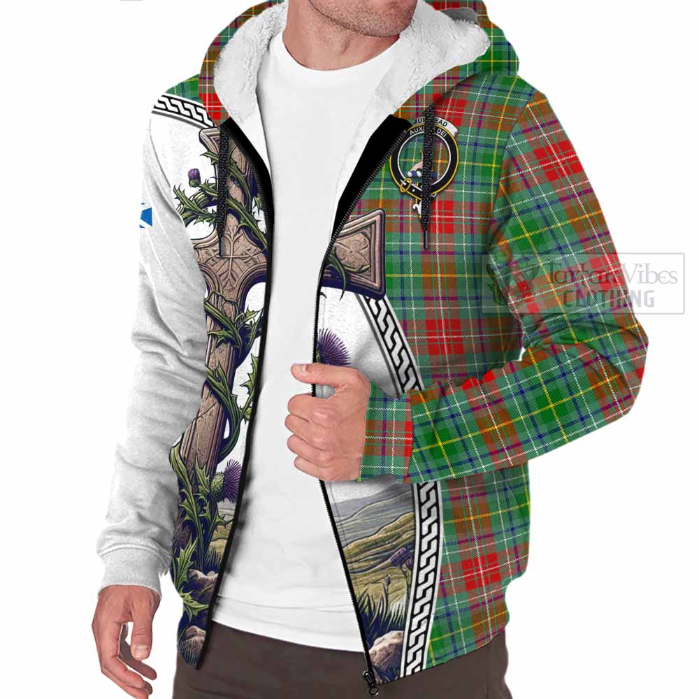 Tartan Vibes Clothing Muirhead Tartan Sherpa Hoodie with Family Crest and St. Andrew's Cross Accented by Thistle Vines