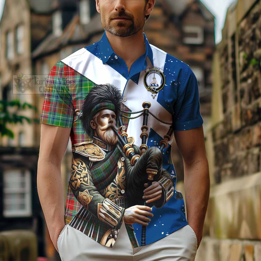 Tartan Vibes Clothing Muirhead Tartan Short Sleeve Button Shirt with Family Crest Scottish Bagpiper Vibes