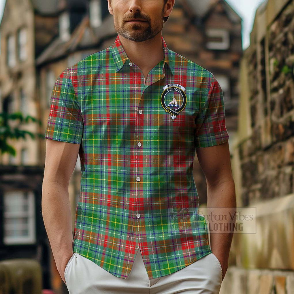 Tartan Vibes Clothing Muirhead Tartan Short Sleeve Button Shirt with Family Crest and Bearded Skull Holding Bottles of Whiskey