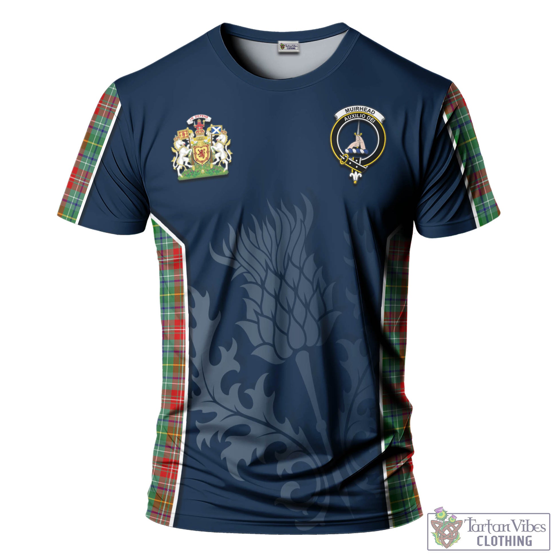 Tartan Vibes Clothing Muirhead Tartan T-Shirt with Family Crest and Scottish Thistle Vibes Sport Style