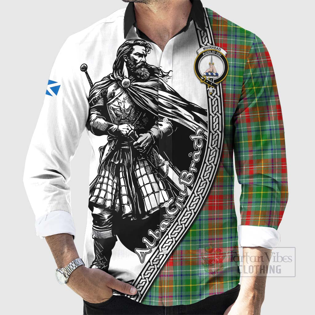 Tartan Vibes Clothing Muirhead Tartan Clan Crest Long Sleeve Button Shirt with Highlander Warrior Celtic Style