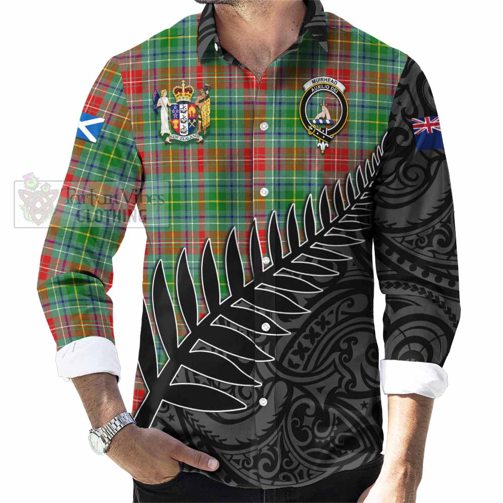 Tartan Vibes Clothing Muirhead Crest Tartan Long Sleeve Button Shirt with New Zealand Silver Fern Half Style