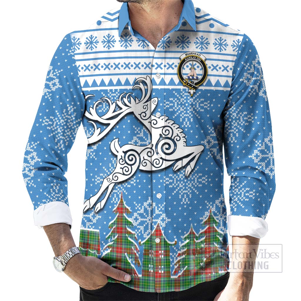 Tartan Vibes Clothing Muirhead Clan Christmas Long Sleeve Button Shirt Celtic Reindeer Style