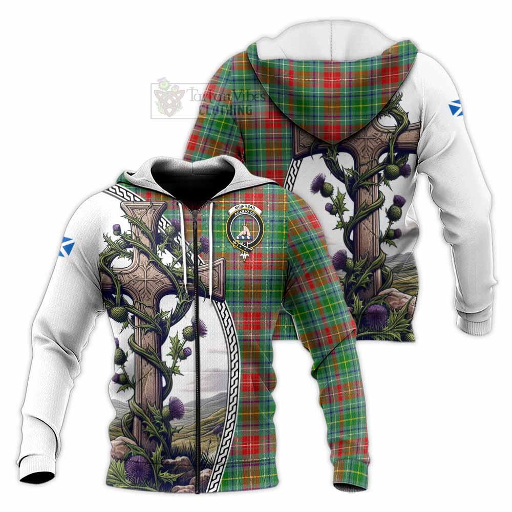 Tartan Vibes Clothing Muirhead Tartan Knitted Hoodie with Family Crest and St. Andrew's Cross Accented by Thistle Vines