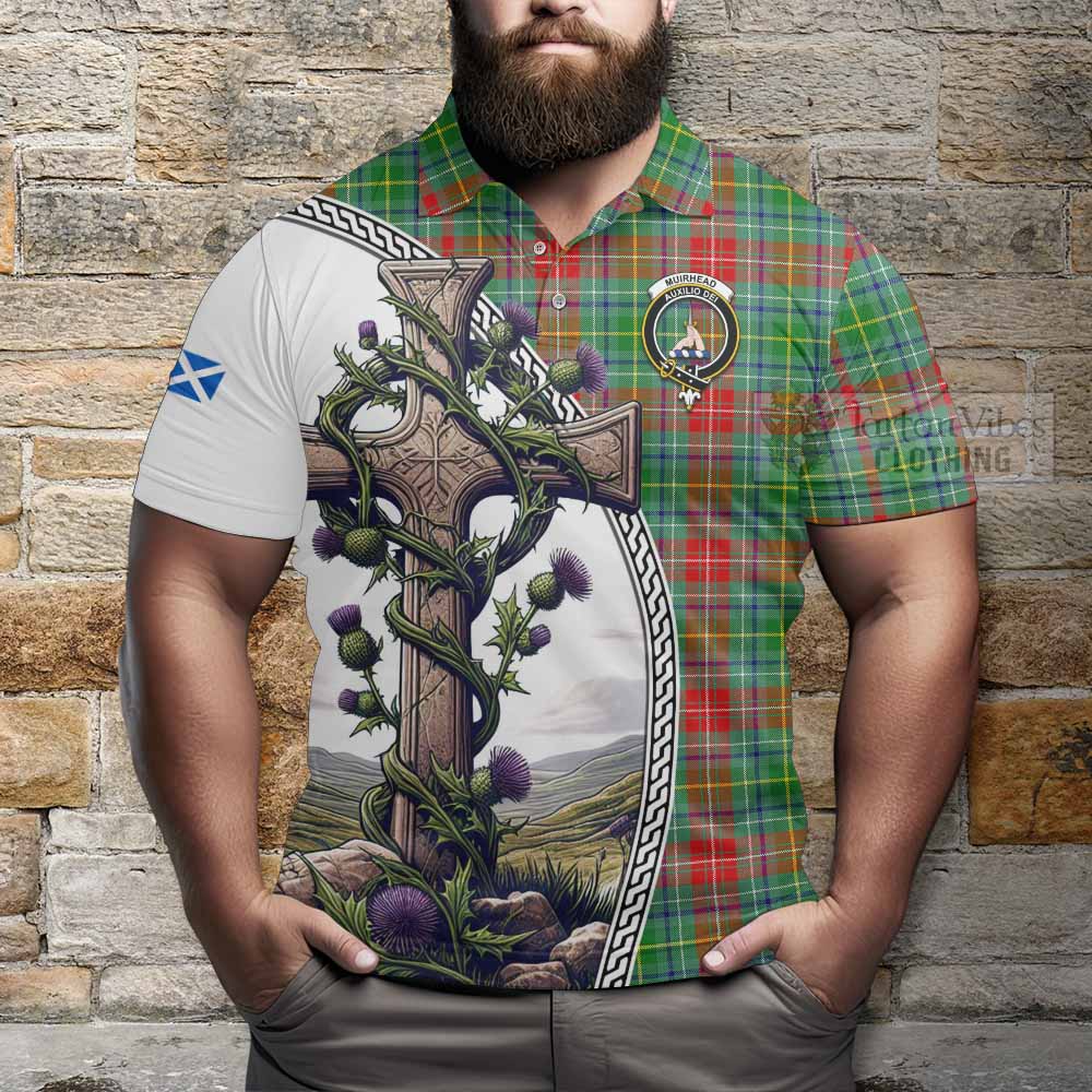 Tartan Vibes Clothing Muirhead Tartan Polo Shirt with Family Crest and St. Andrew's Cross Accented by Thistle Vines