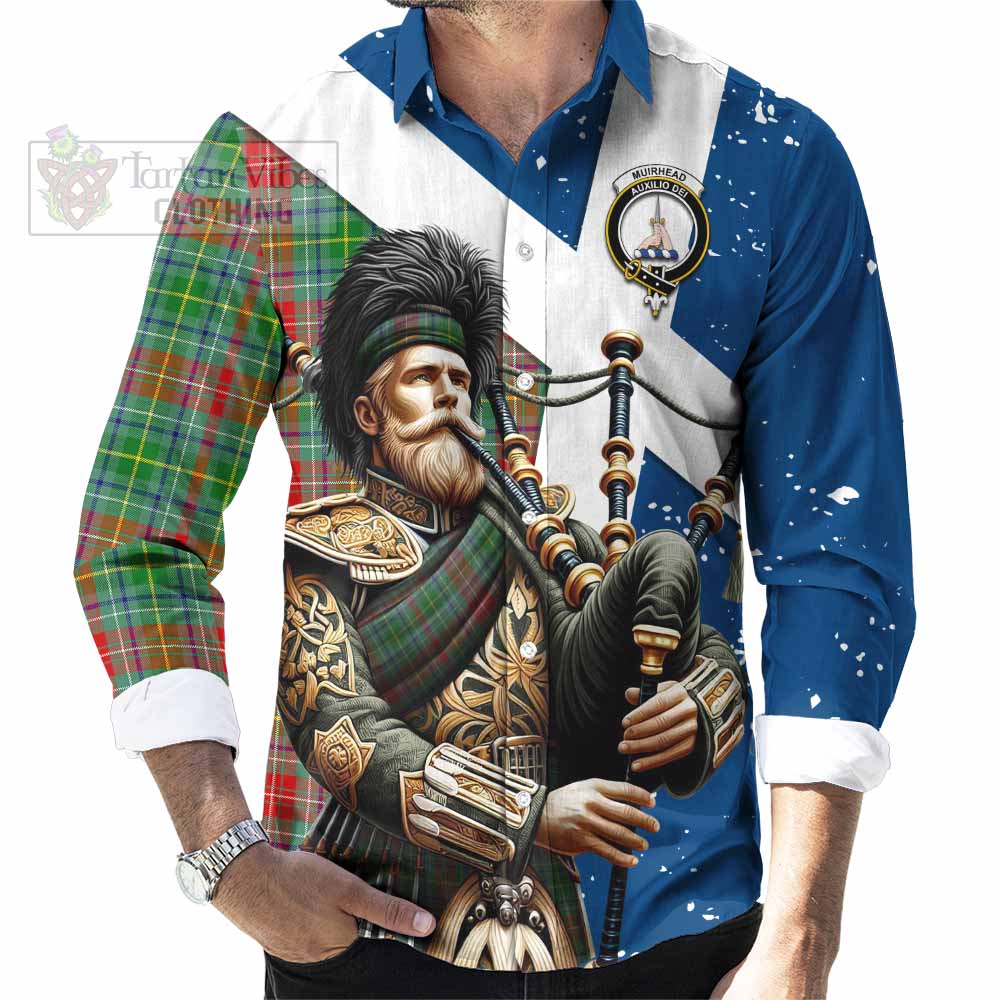 Tartan Vibes Clothing Muirhead Tartan Long Sleeve Button Shirt with Family Crest Scottish Bagpiper Vibes