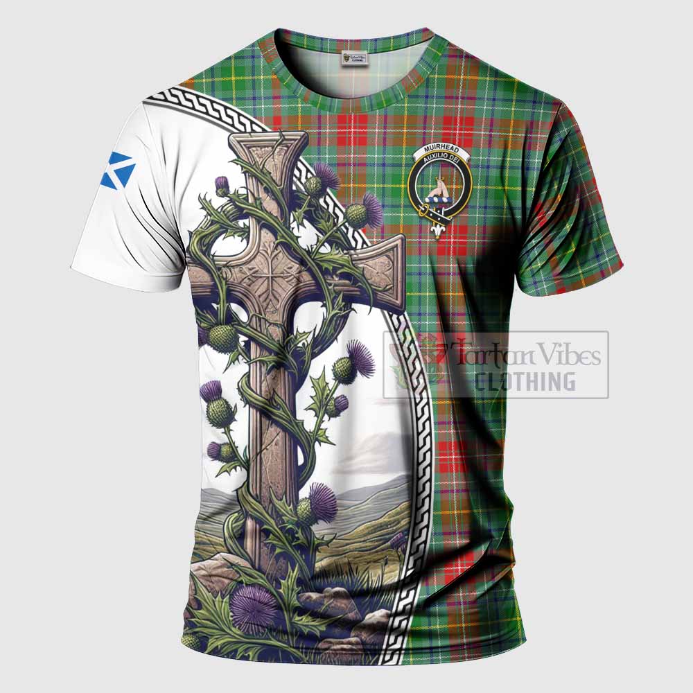 Tartan Vibes Clothing Muirhead Agnew Tartan T-Shirt with Family Crest and St. Andrew's Cross Accented by Thistle Vines