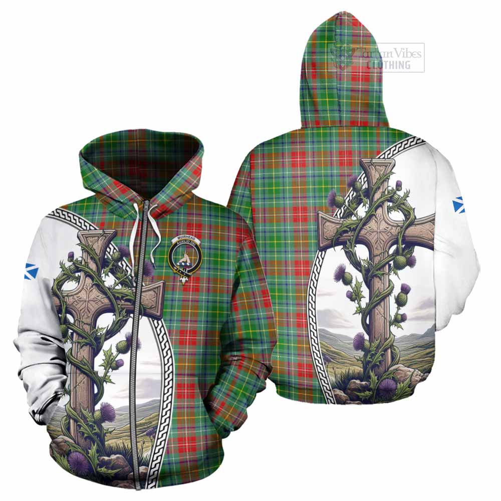 Tartan Vibes Clothing Muirhead Tartan Hoodie with Family Crest and St. Andrew's Cross Accented by Thistle Vines