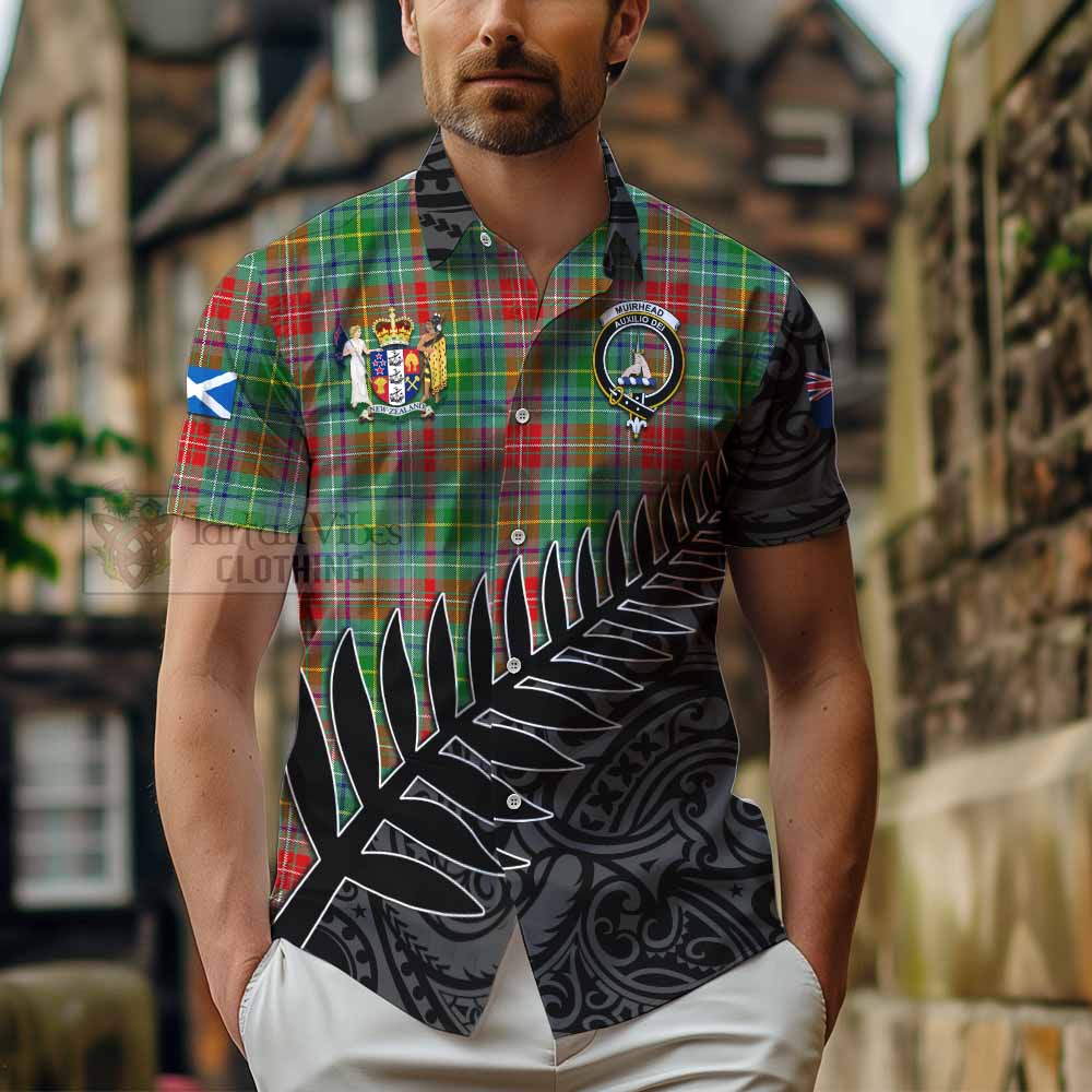 Tartan Vibes Clothing Muirhead Crest Tartan Short Sleeve Button Shirt with New Zealand Silver Fern Half Style