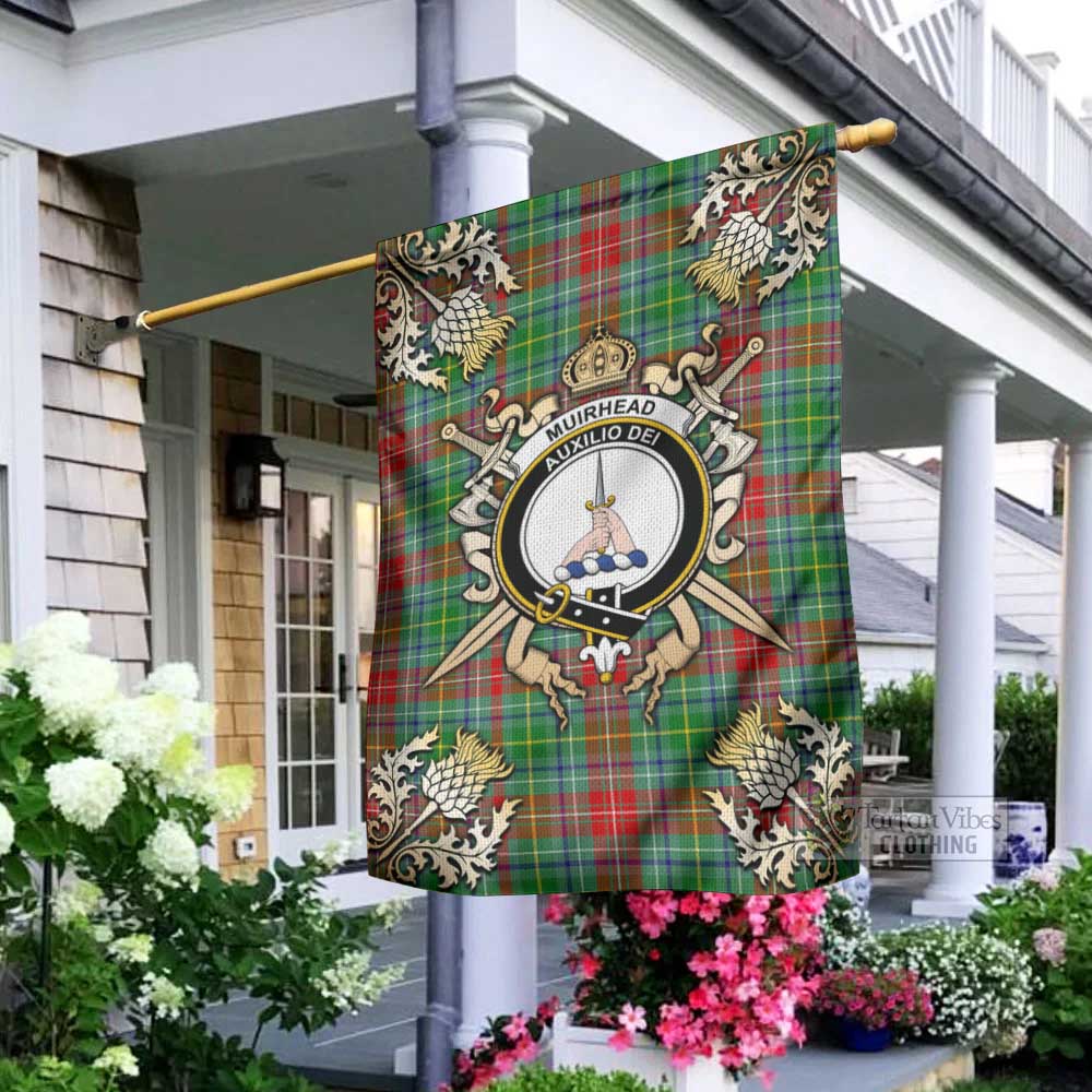 Tartan Vibes Clothing Muirhead Tartan Flag with Family Crest and Golden Thistle Crossed Sword Design