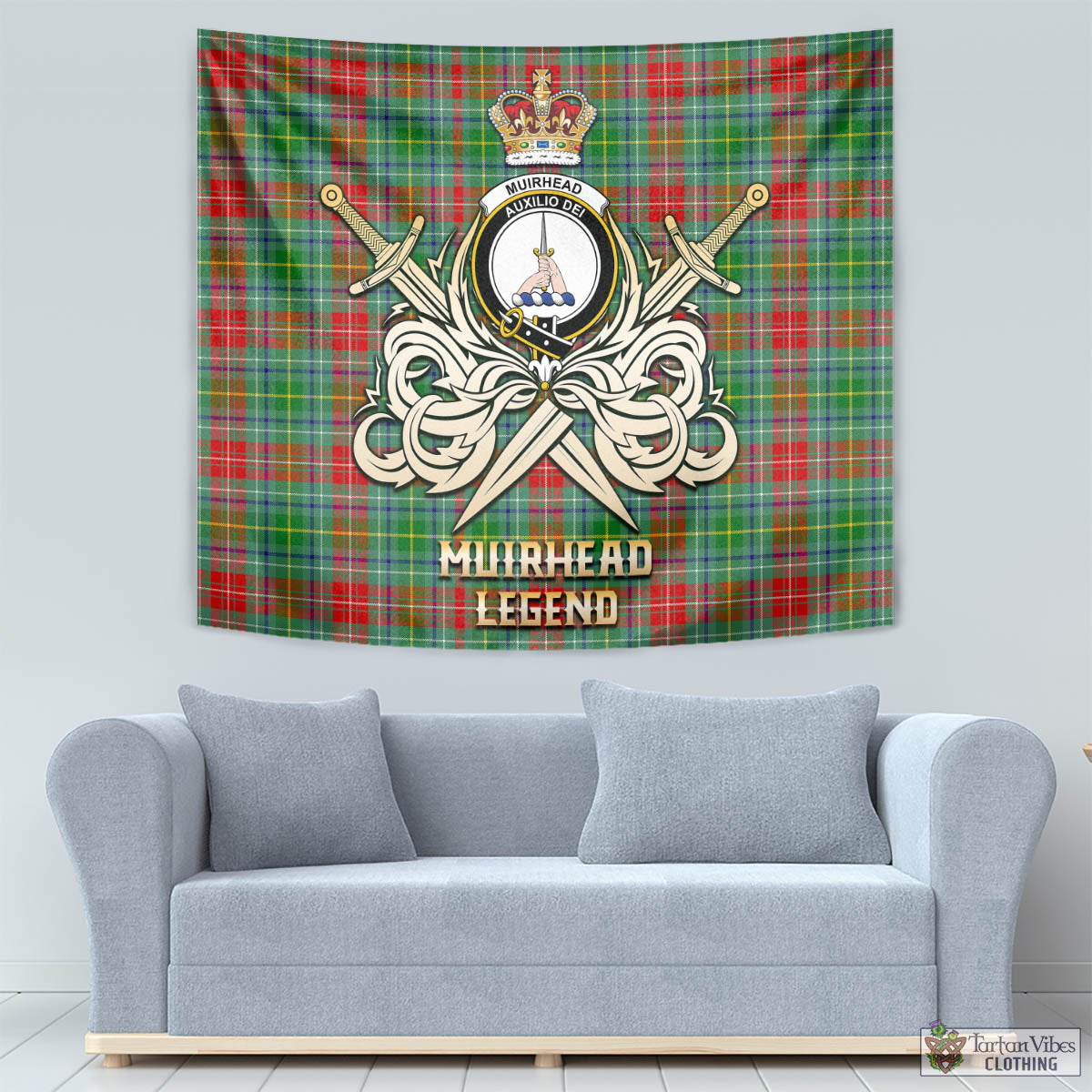 Tartan Vibes Clothing Muirhead Tartan Tapestry with Clan Crest and the Golden Sword of Courageous Legacy