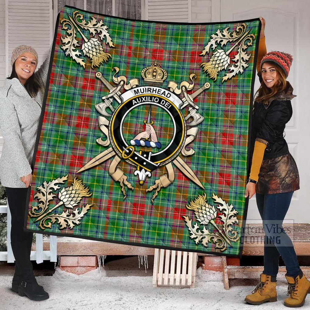 Tartan Vibes Clothing Muirhead Tartan Quilt with Family Crest and Scottish Golden Courage Shield