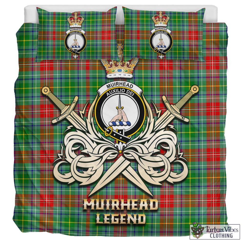 Tartan Vibes Clothing Muirhead Tartan Bedding Set with Clan Crest and the Golden Sword of Courageous Legacy