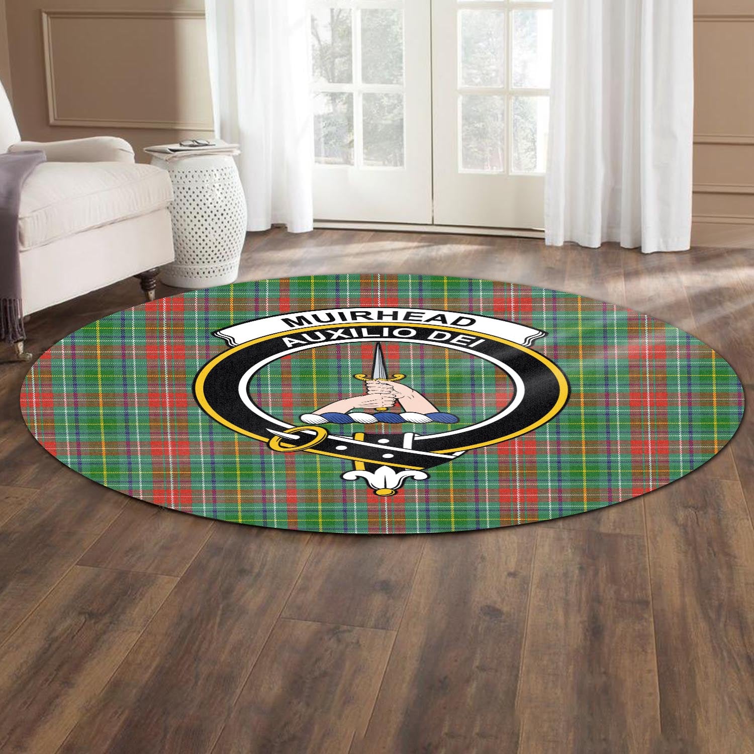 muirhead-tartan-round-rug-with-family-crest