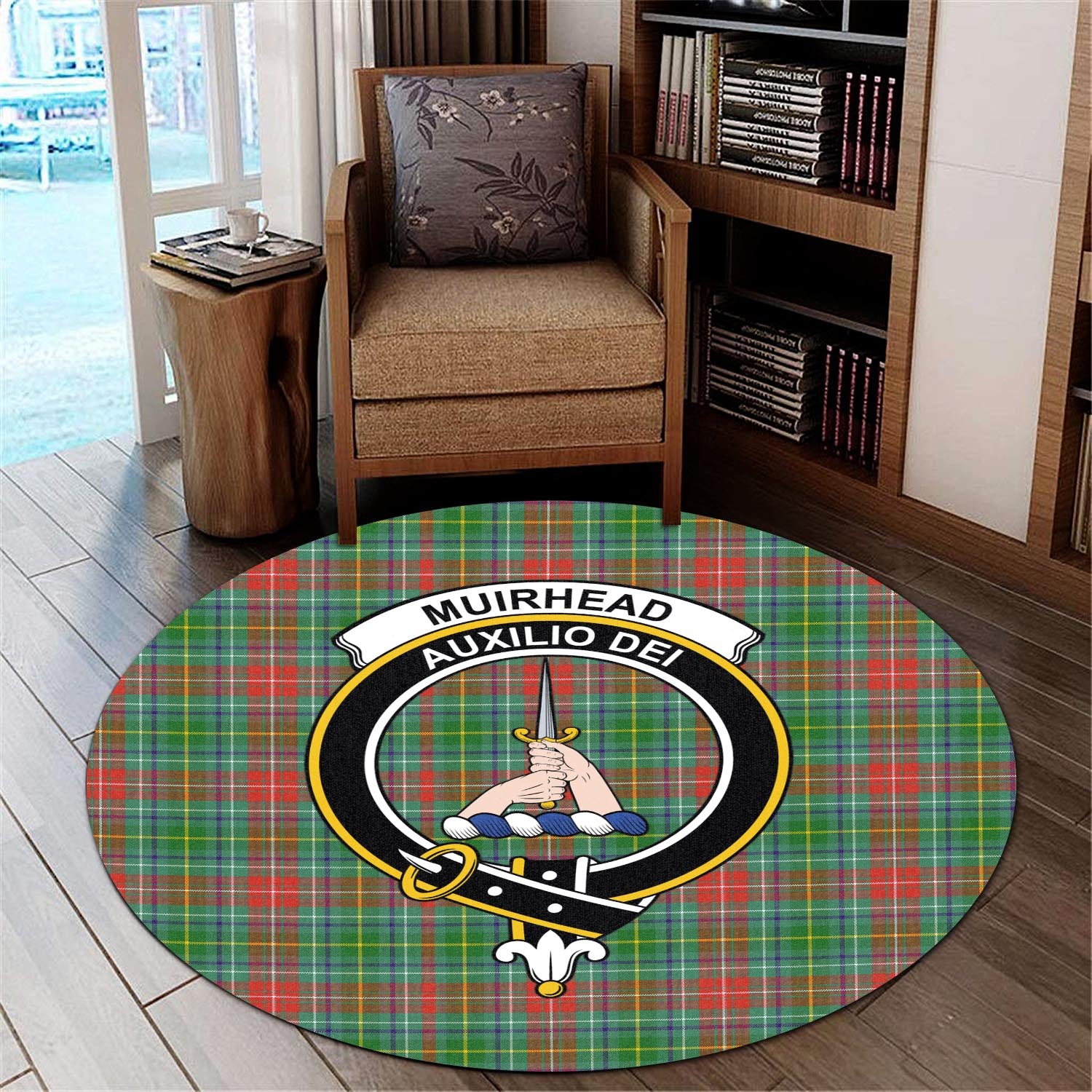 muirhead-tartan-round-rug-with-family-crest