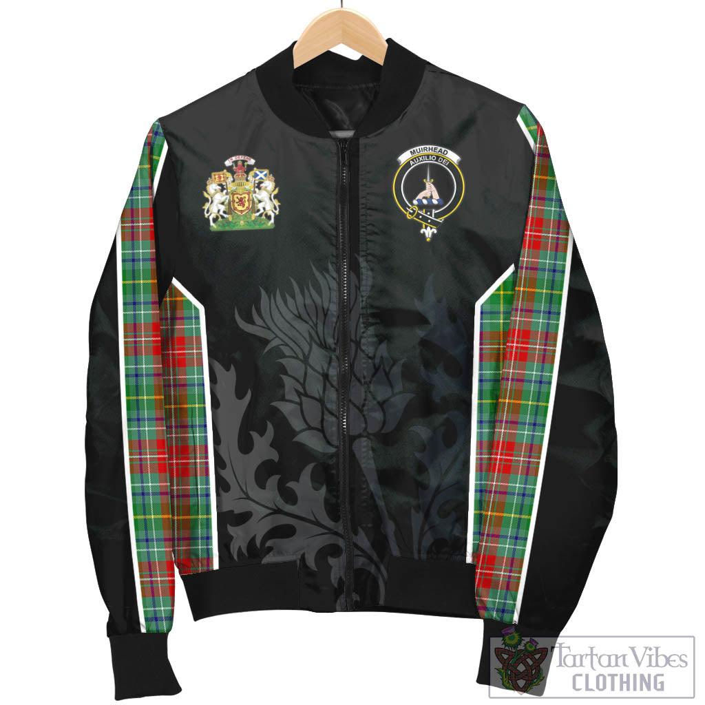 Tartan Vibes Clothing Muirhead Tartan Bomber Jacket with Family Crest and Scottish Thistle Vibes Sport Style