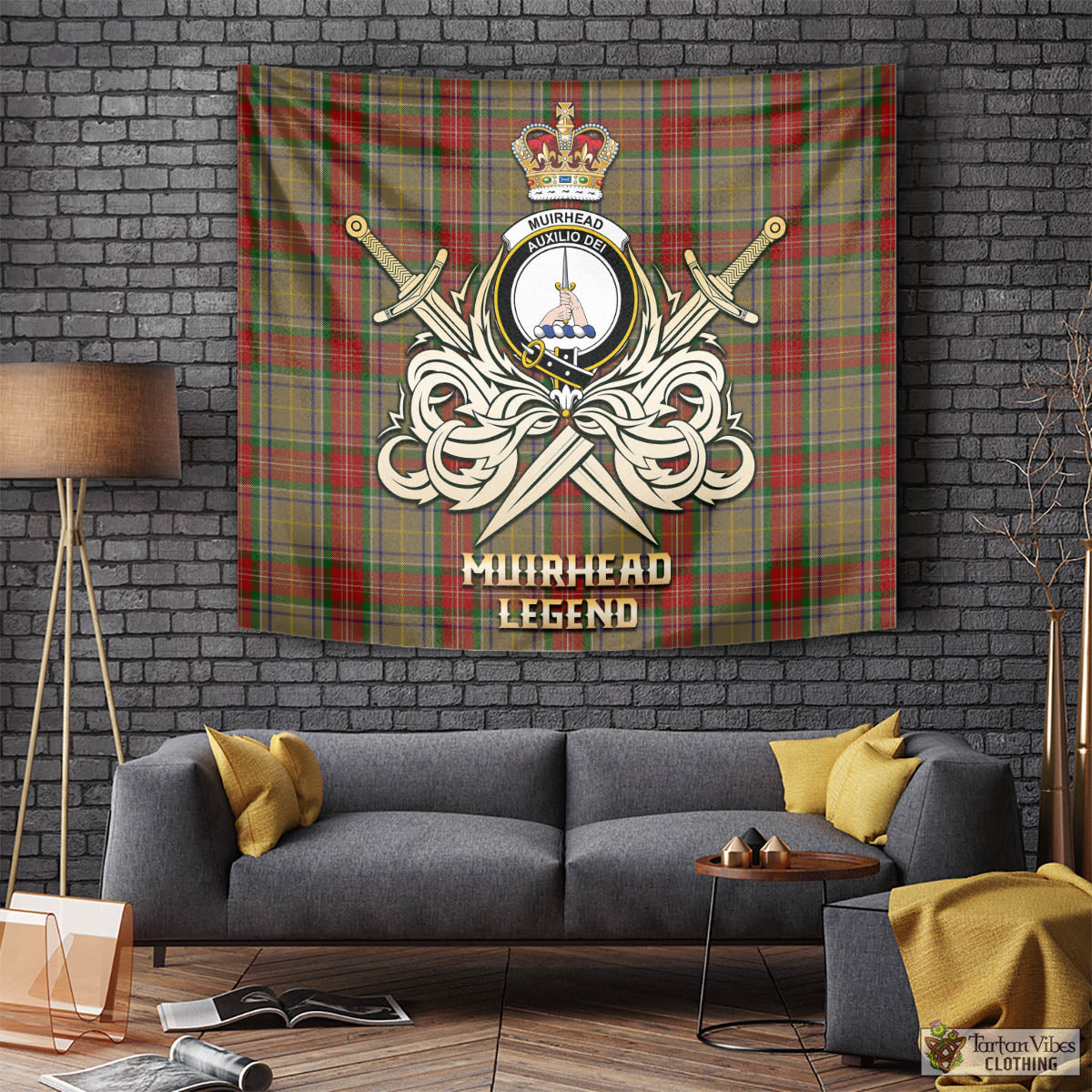 Tartan Vibes Clothing Muirhead Old Tartan Tapestry with Clan Crest and the Golden Sword of Courageous Legacy