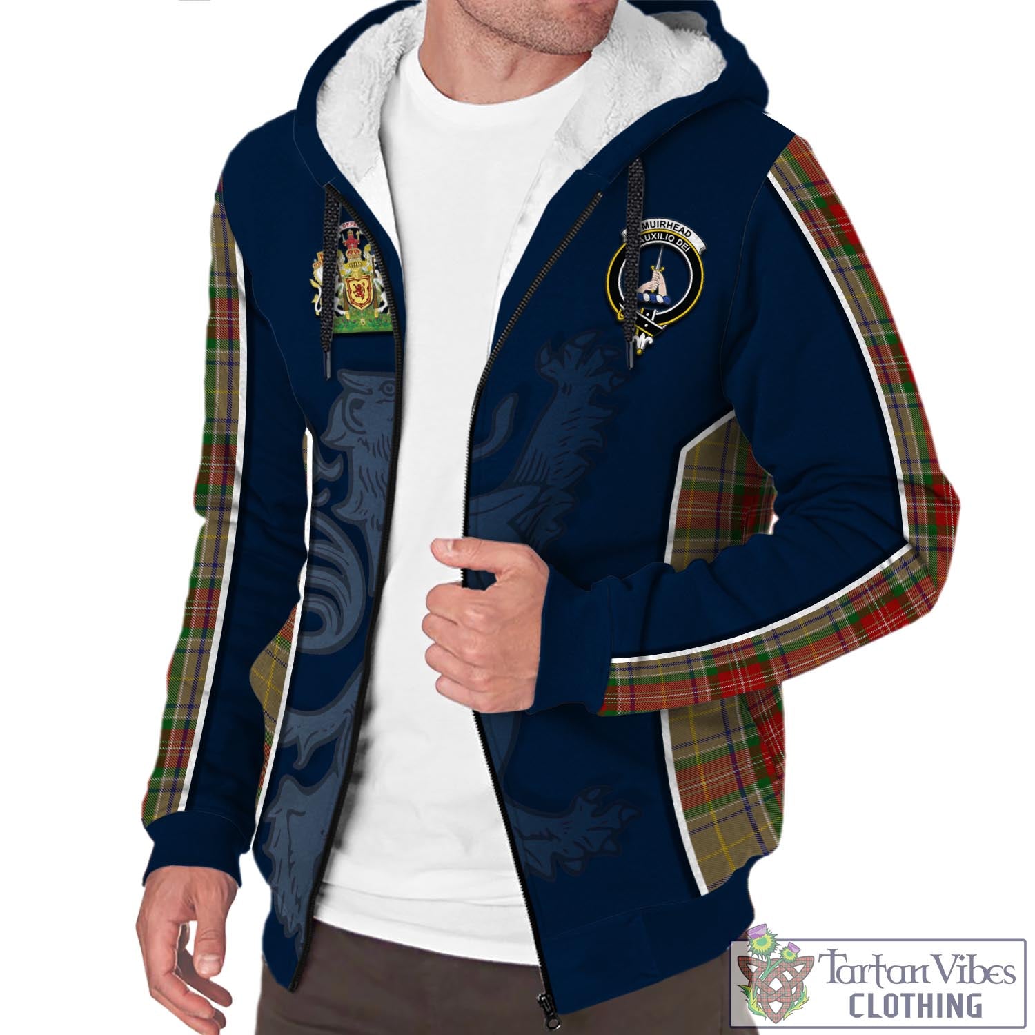 Tartan Vibes Clothing Muirhead Old Tartan Sherpa Hoodie with Family Crest and Lion Rampant Vibes Sport Style