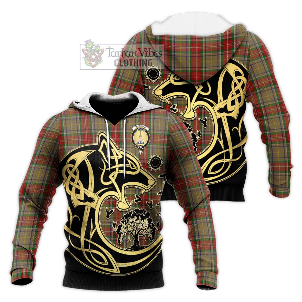 Tartan Vibes Clothing Muirhead Old Tartan Knitted Hoodie with Family Crest Celtic Wolf Style