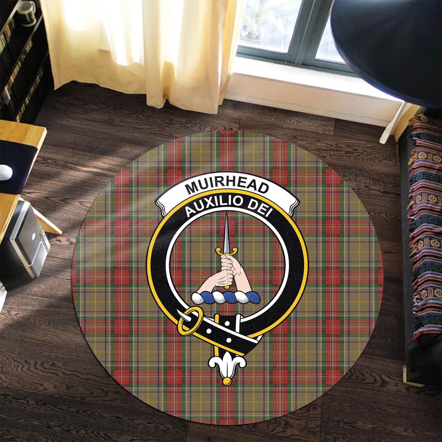 muirhead-old-tartan-round-rug-with-family-crest