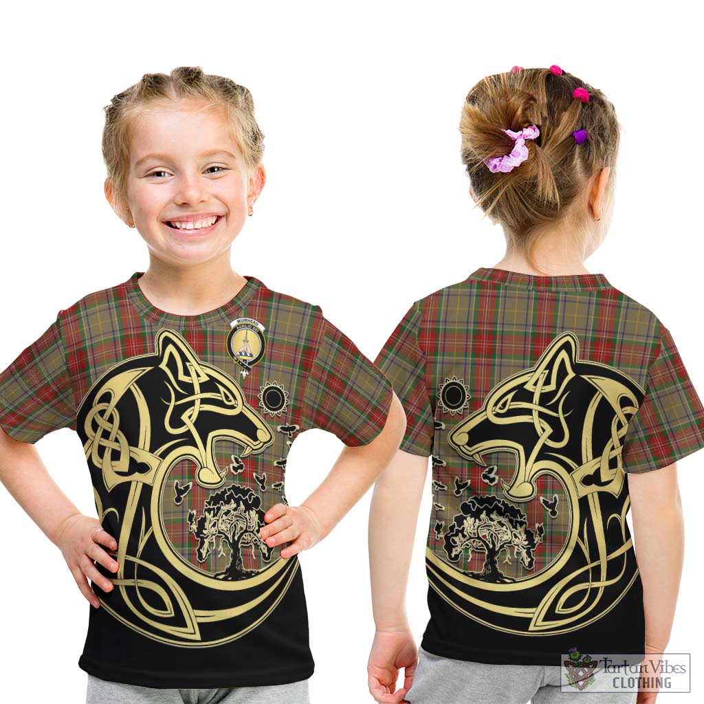 Tartan Vibes Clothing Muirhead Old Tartan Kid T-Shirt with Family Crest Celtic Wolf Style