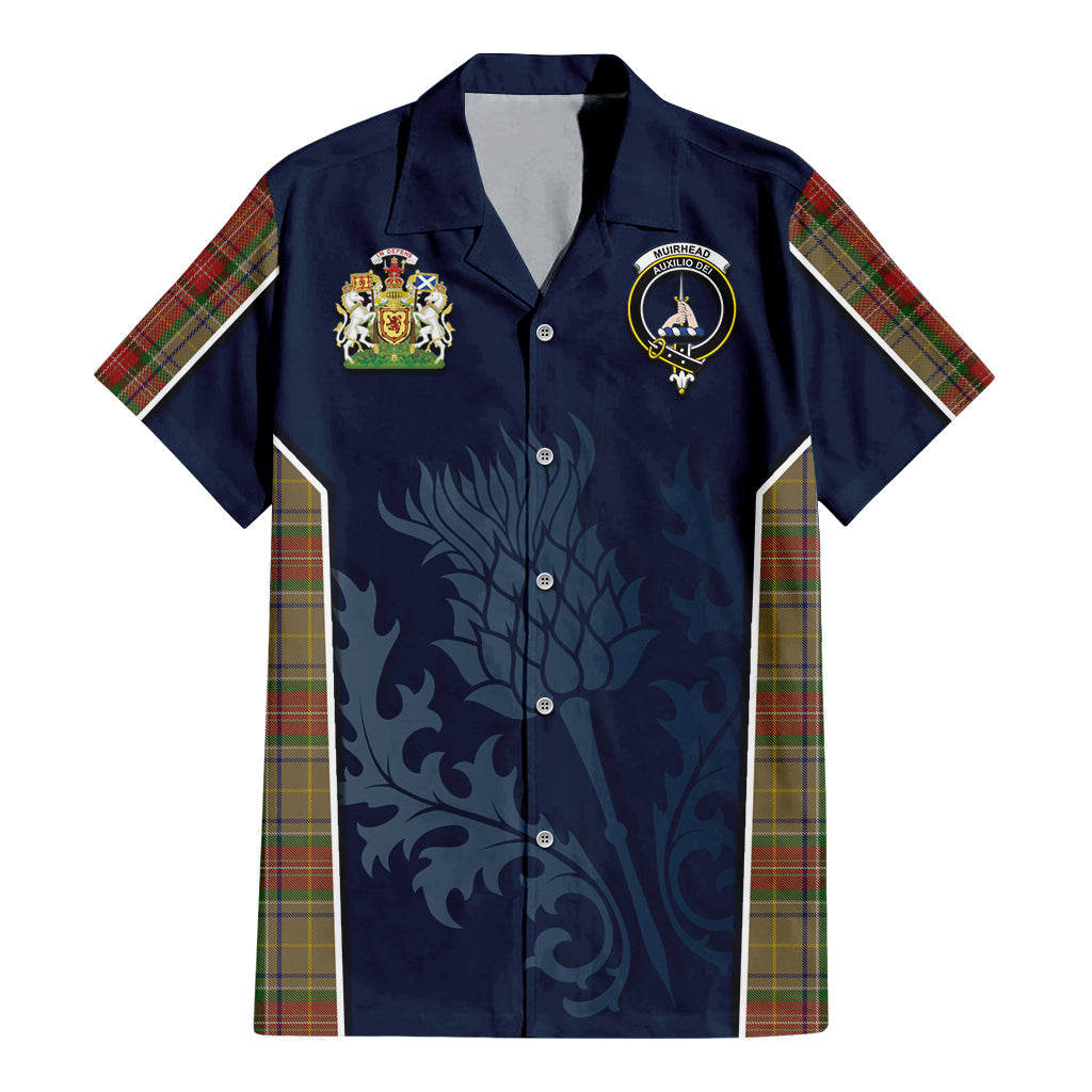 Tartan Vibes Clothing Muirhead Old Tartan Short Sleeve Button Up Shirt with Family Crest and Scottish Thistle Vibes Sport Style