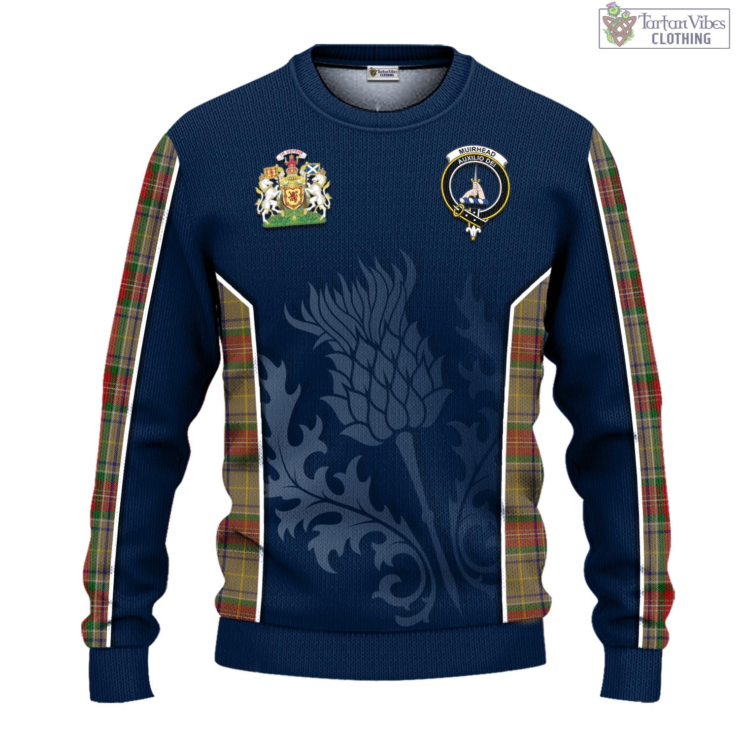 Tartan Vibes Clothing Muirhead Old Tartan Knitted Sweatshirt with Family Crest and Scottish Thistle Vibes Sport Style