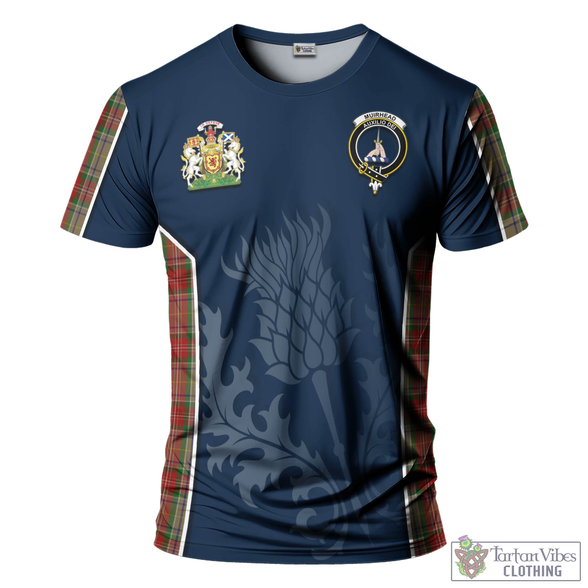 Tartan Vibes Clothing Muirhead Old Tartan T-Shirt with Family Crest and Scottish Thistle Vibes Sport Style