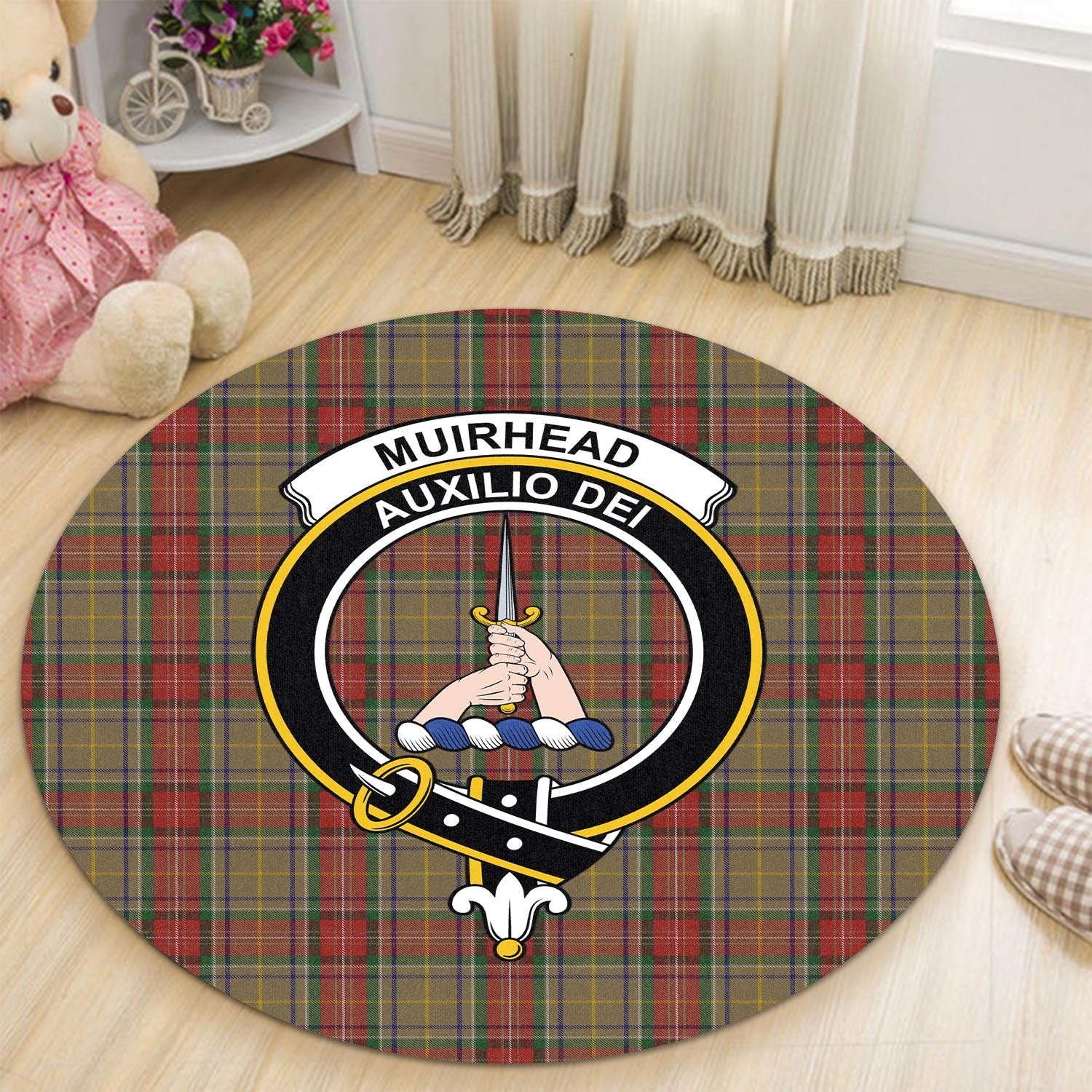 muirhead-old-tartan-round-rug-with-family-crest