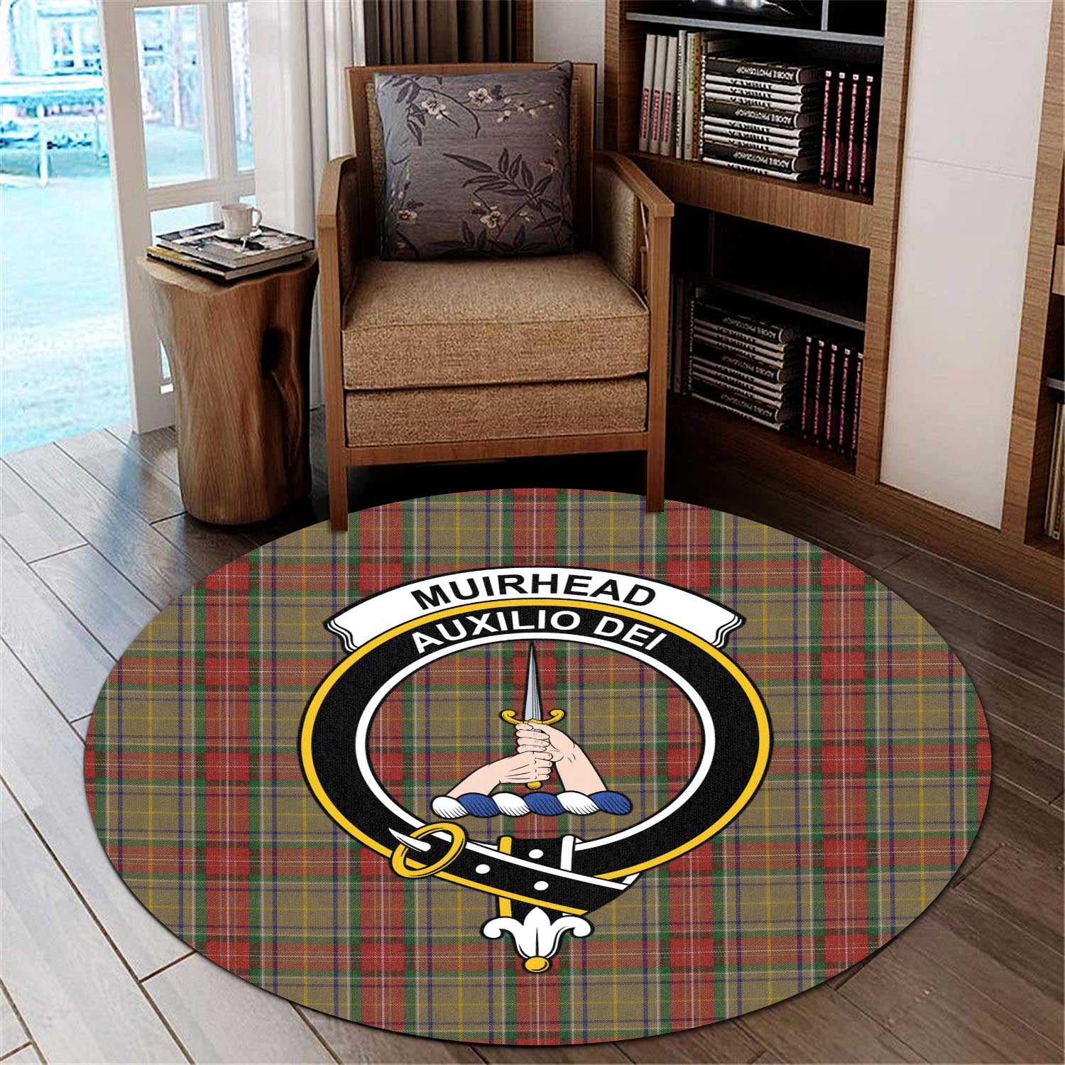 muirhead-old-tartan-round-rug-with-family-crest