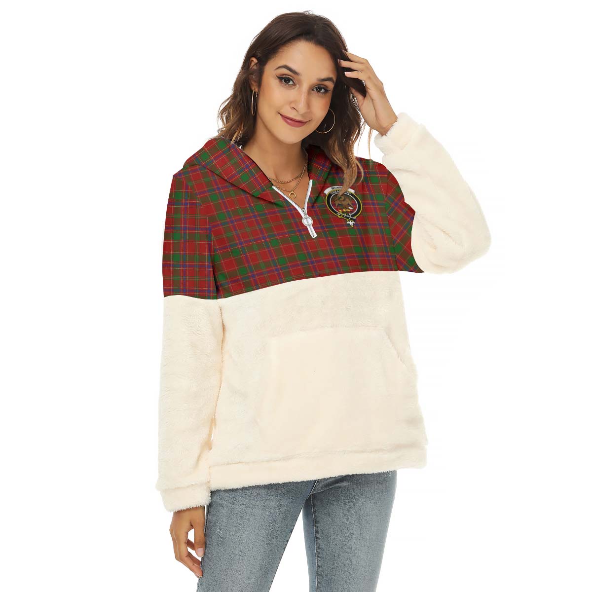 Munro (Monroe) Tartan Half Style Women's Borg Fleece Hoodie with Half Zip with Family Crest Female - Tartan Vibes Clothing
