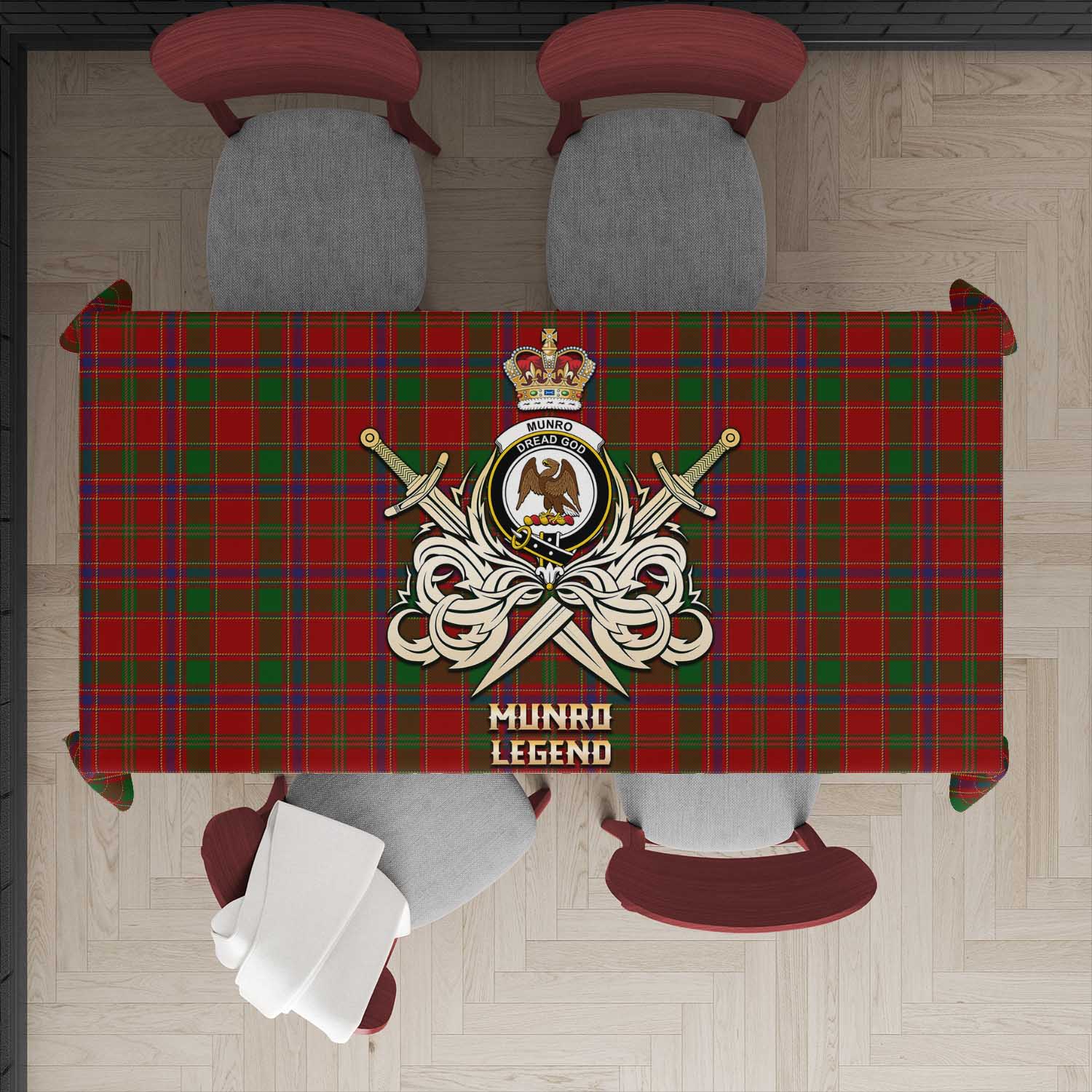 Tartan Vibes Clothing Munro Tartan Tablecloth with Clan Crest and the Golden Sword of Courageous Legacy