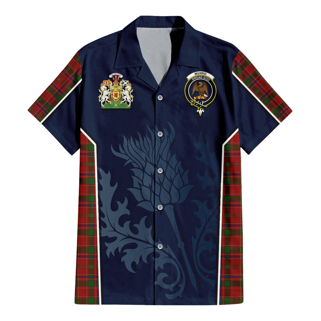 Tartan Vibes Clothing Munro Tartan Short Sleeve Button Up Shirt with Family Crest and Scottish Thistle Vibes Sport Style