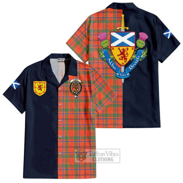 Munro Ancient Tartan Short Sleeve Button Shirt Alba with Scottish Lion Royal Arm Half Style