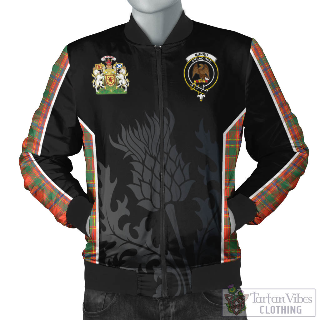 Tartan Vibes Clothing Munro Ancient Tartan Bomber Jacket with Family Crest and Scottish Thistle Vibes Sport Style