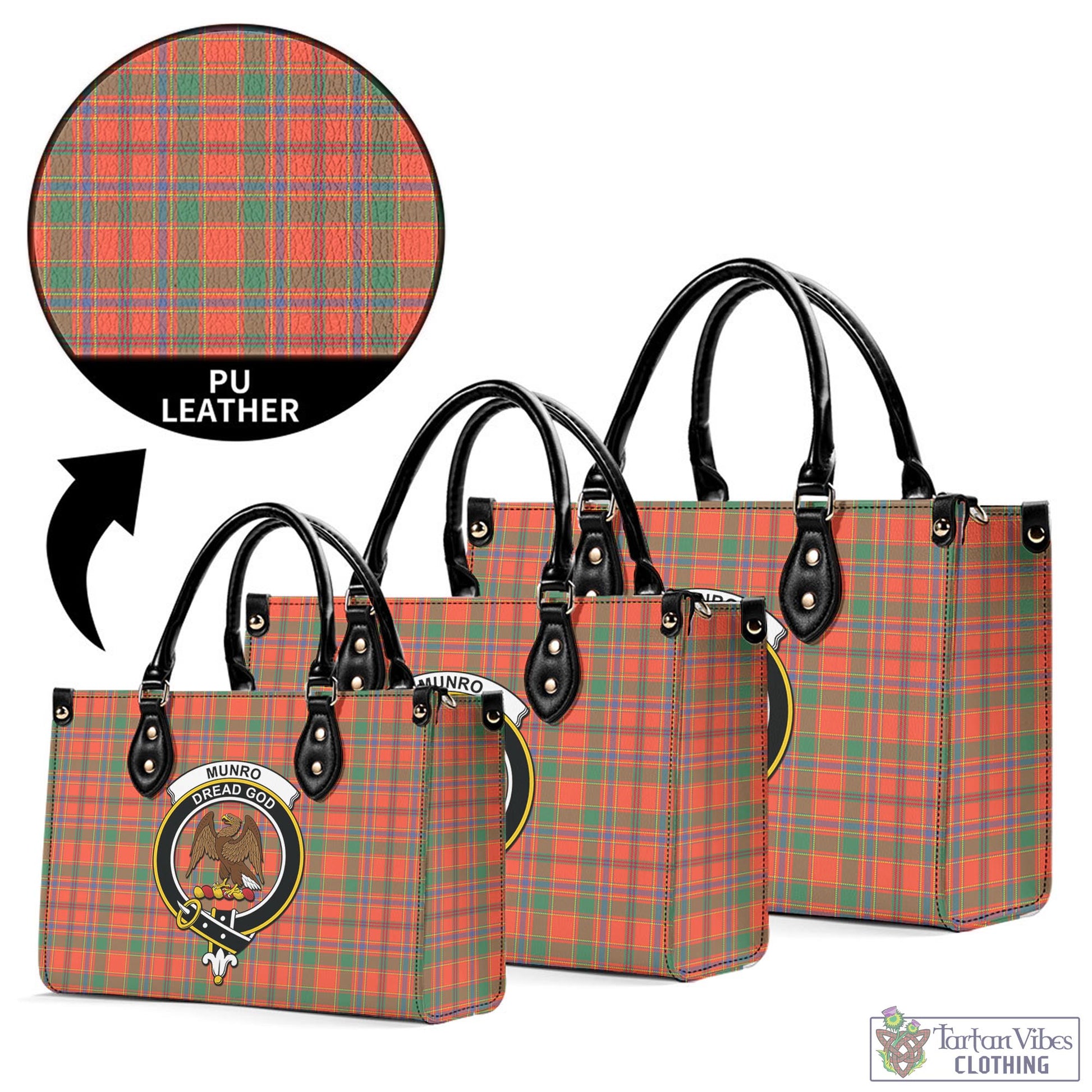 Tartan Vibes Clothing Munro Ancient Tartan Luxury Leather Handbags with Family Crest