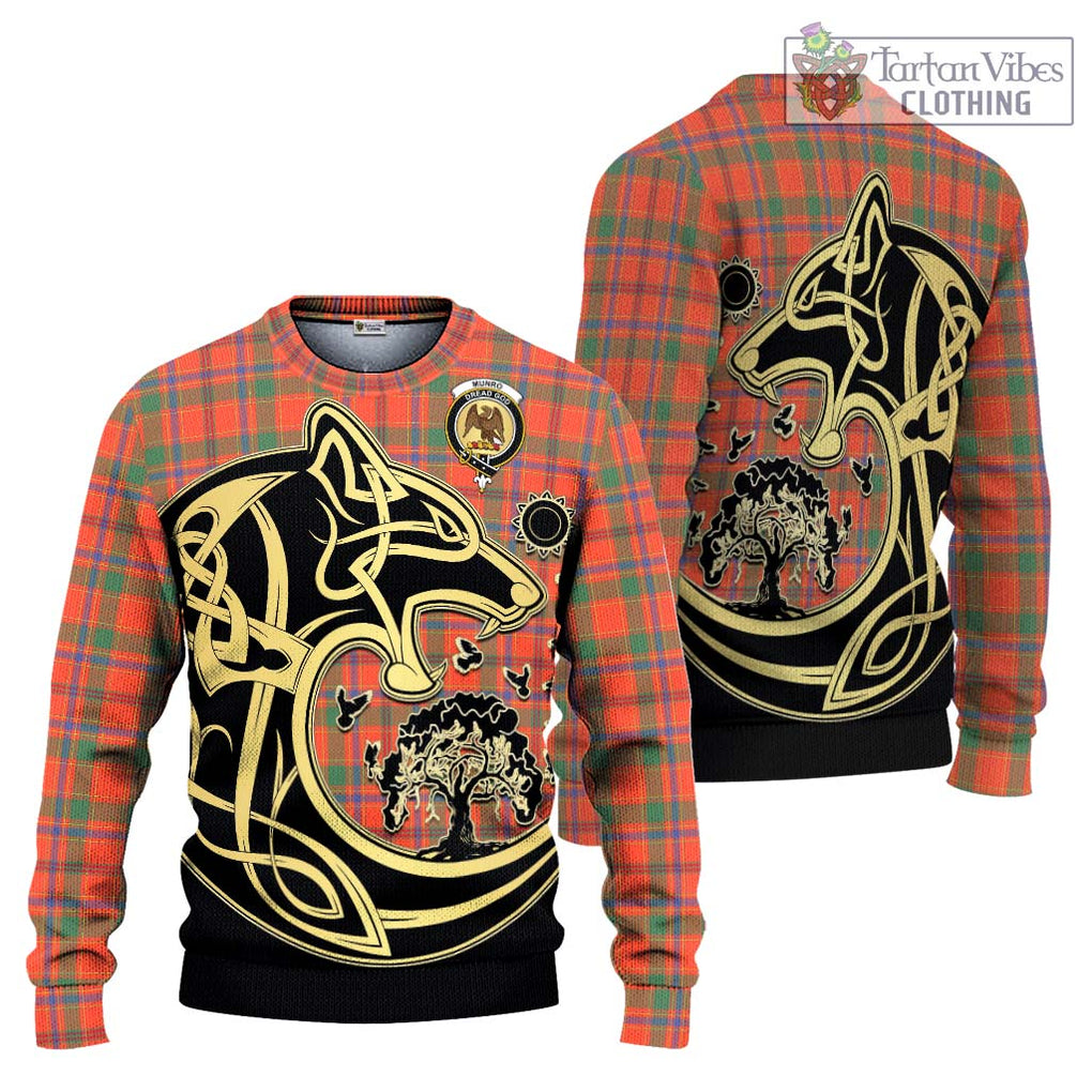 Munro Ancient Tartan Knitted Sweater with Family Crest Celtic Wolf Style Unisex - Tartan Vibes Clothing