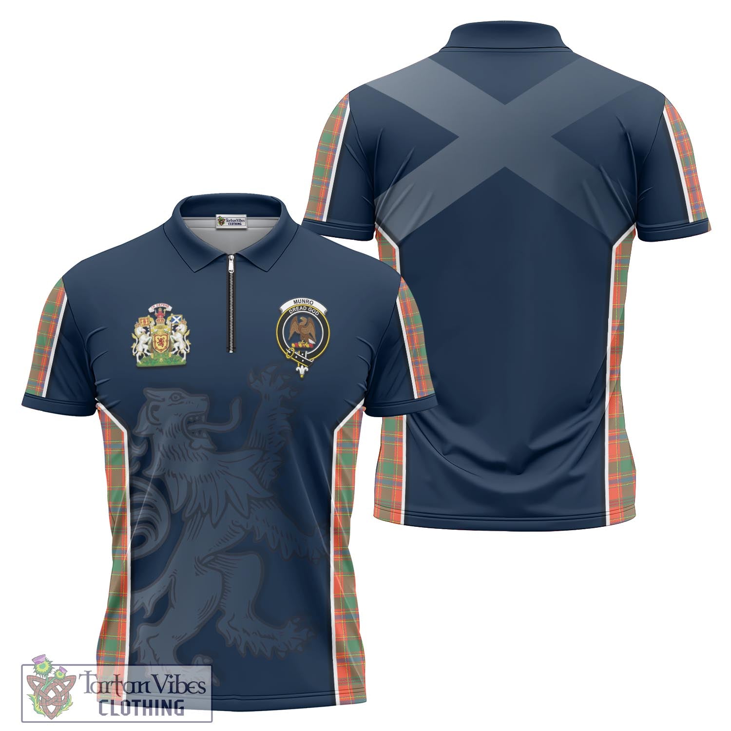 Tartan Vibes Clothing Munro Ancient Tartan Zipper Polo Shirt with Family Crest and Lion Rampant Vibes Sport Style