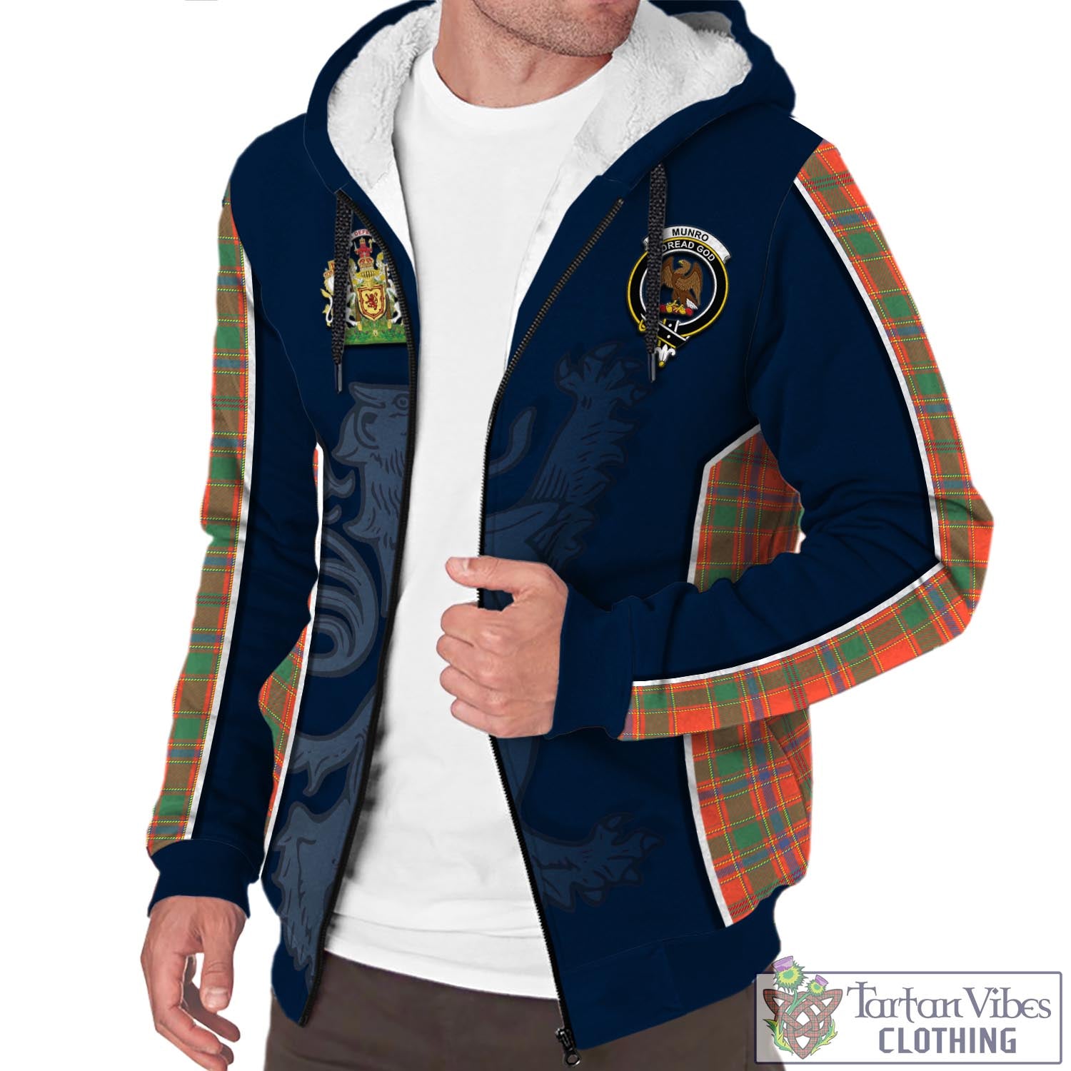 Tartan Vibes Clothing Munro Ancient Tartan Sherpa Hoodie with Family Crest and Lion Rampant Vibes Sport Style