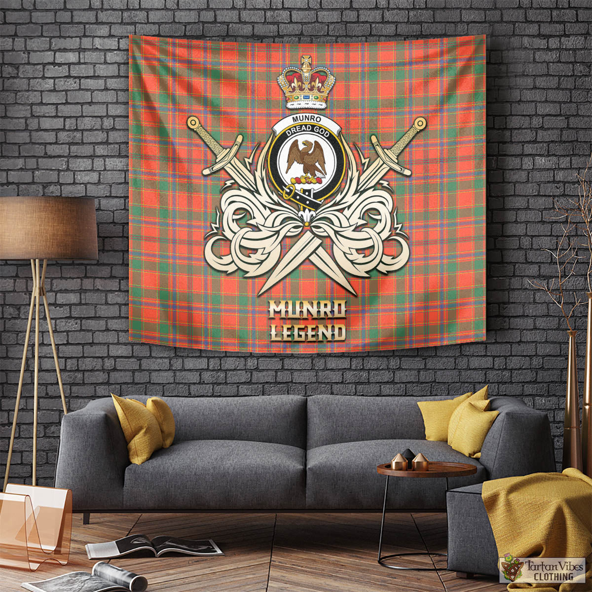 Tartan Vibes Clothing Munro Ancient Tartan Tapestry with Clan Crest and the Golden Sword of Courageous Legacy