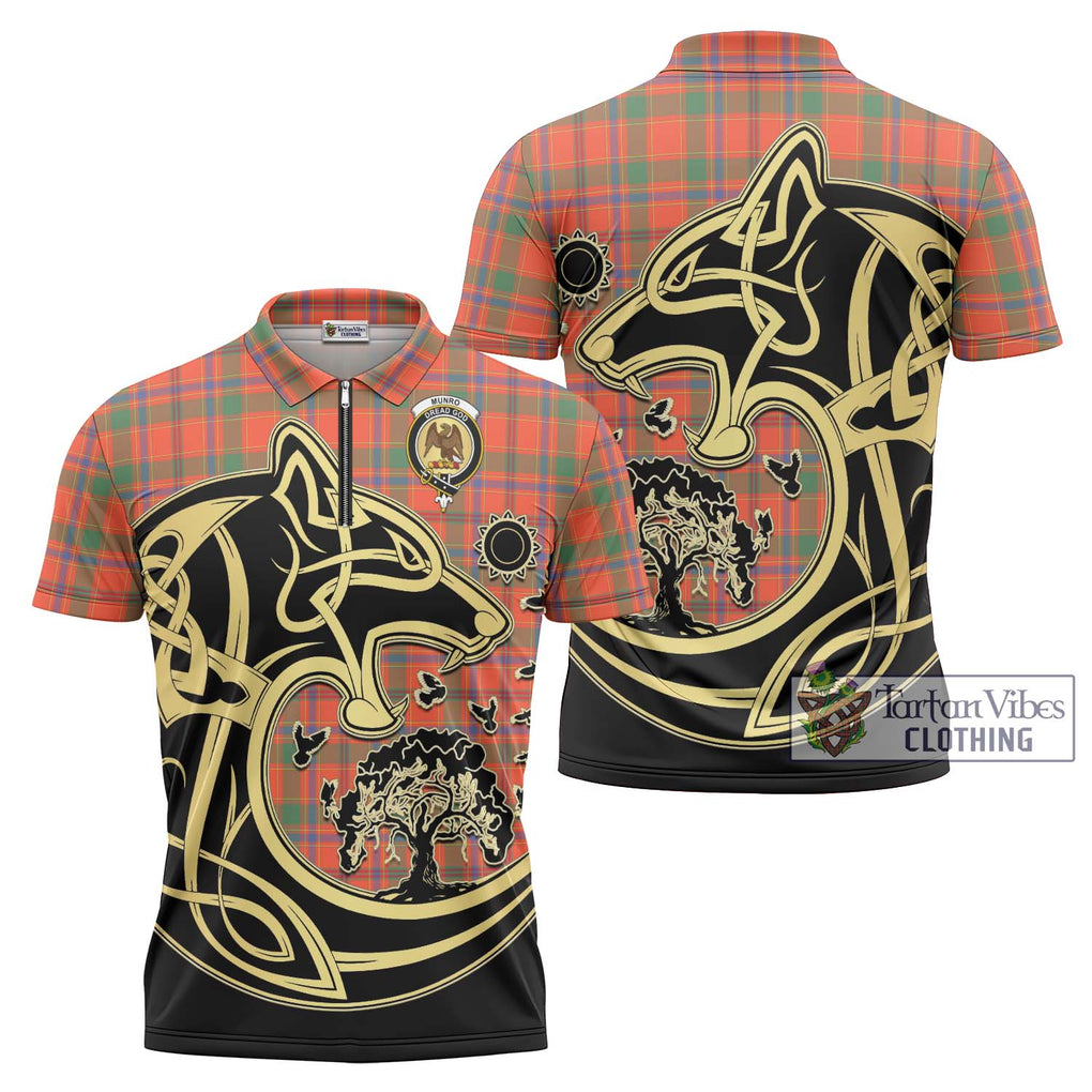 Munro Ancient Tartan Zipper Polo Shirt with Family Crest Celtic Wolf Style Unisex - Tartanvibesclothing Shop