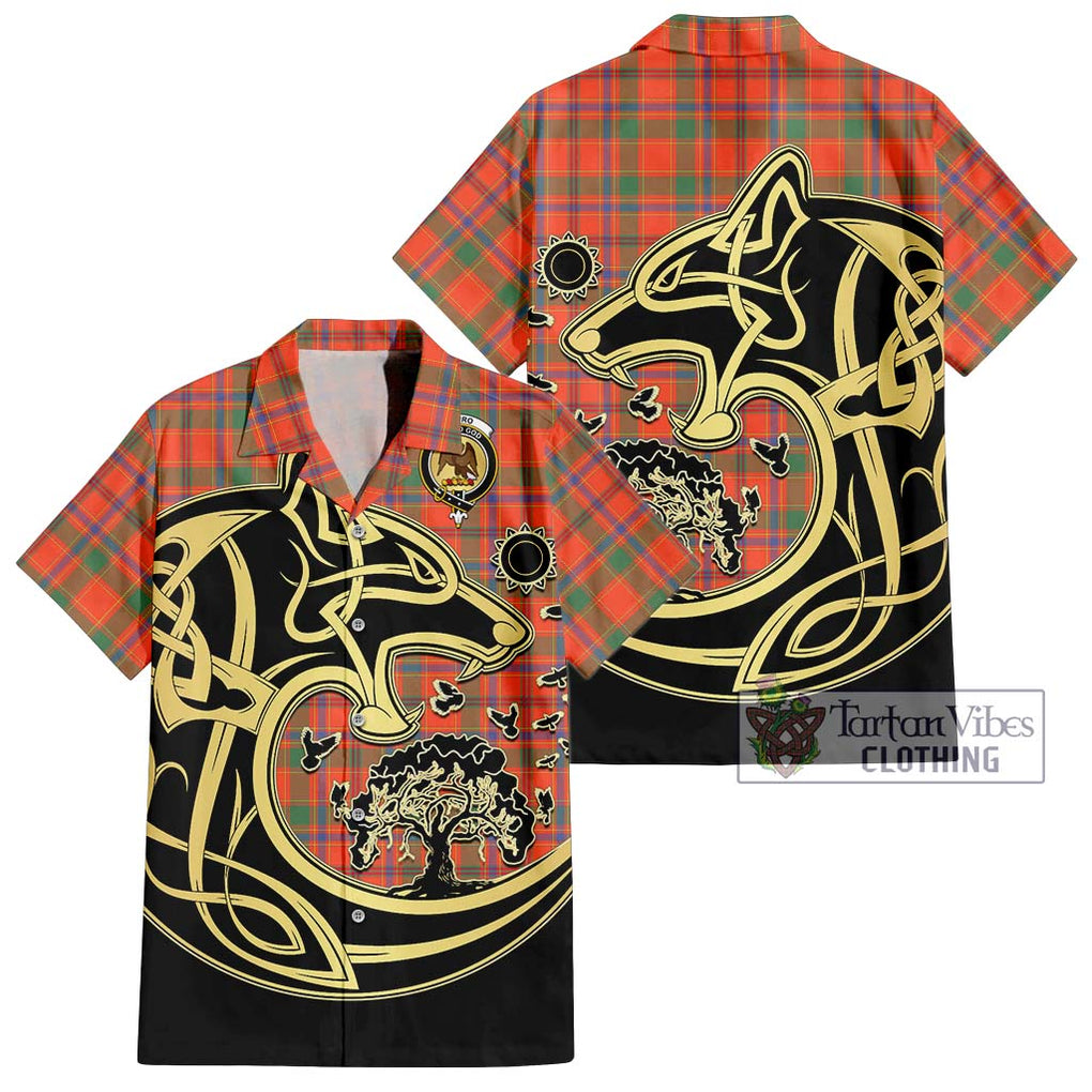 Munro Ancient Tartan Short Sleeve Button Shirt with Family Crest Celtic Wolf Style Kid - Tartan Vibes Clothing