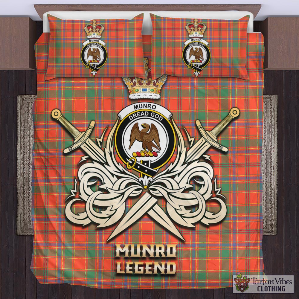 Tartan Vibes Clothing Munro Ancient Tartan Bedding Set with Clan Crest and the Golden Sword of Courageous Legacy