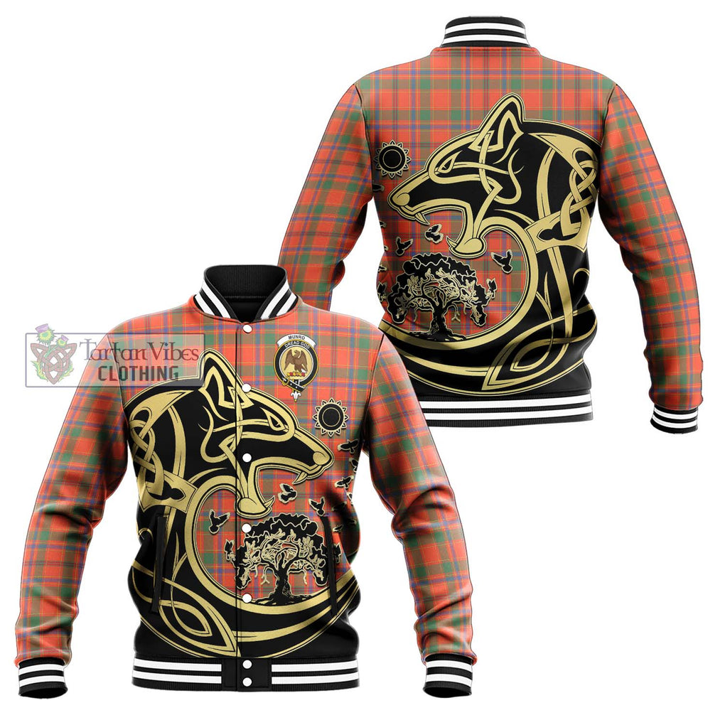 Munro Ancient Tartan Baseball Jacket with Family Crest Celtic Wolf Style Unisex - Tartan Vibes Clothing