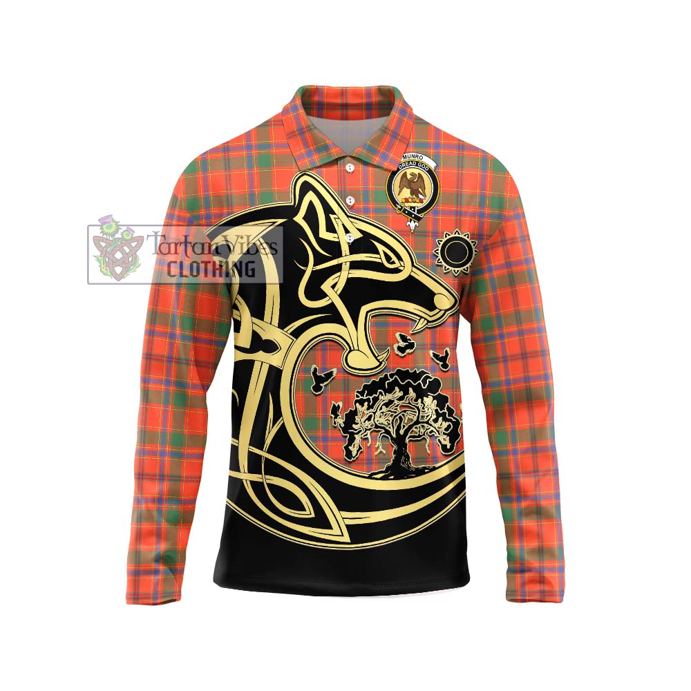 Munro Ancient Tartan Long Sleeve Polo Shirt with Family Crest Celtic Wolf Style Unisex - Tartanvibesclothing Shop