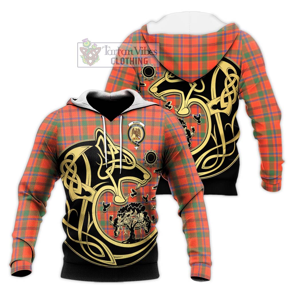 Tartan Vibes Clothing Munro Ancient Tartan Knitted Hoodie with Family Crest Celtic Wolf Style