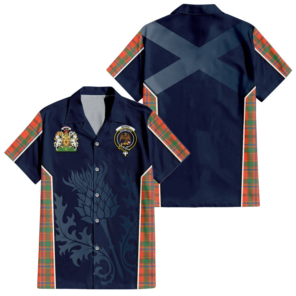 Tartan Vibes Clothing Munro Ancient Tartan Short Sleeve Button Up Shirt with Family Crest and Scottish Thistle Vibes Sport Style