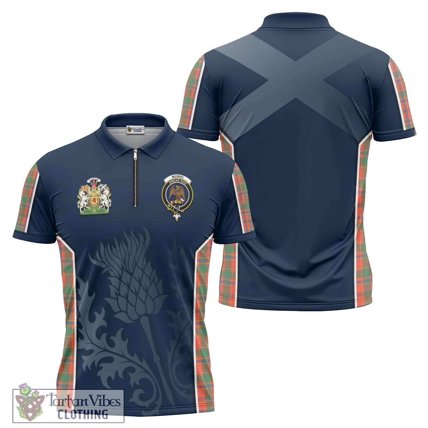 Tartan Vibes Clothing Munro Ancient Tartan Zipper Polo Shirt with Family Crest and Scottish Thistle Vibes Sport Style