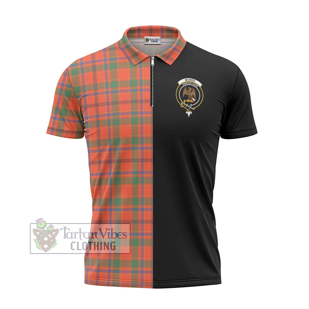 Munro Ancient Tartan Zipper Polo Shirt with Family Crest and Half Of Me Style - Tartanvibesclothing Shop